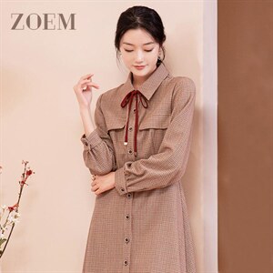 2021冬季千鸟格收腰连衣裙女C213L2356,女装连衣裙,佐慕