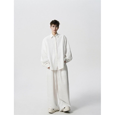 8XL-M麻天丝套装慵懒宽松衬衫抽绳阔腿裤夏季薄款防晒衣男TZ111，男装衬衫，电商D206-1