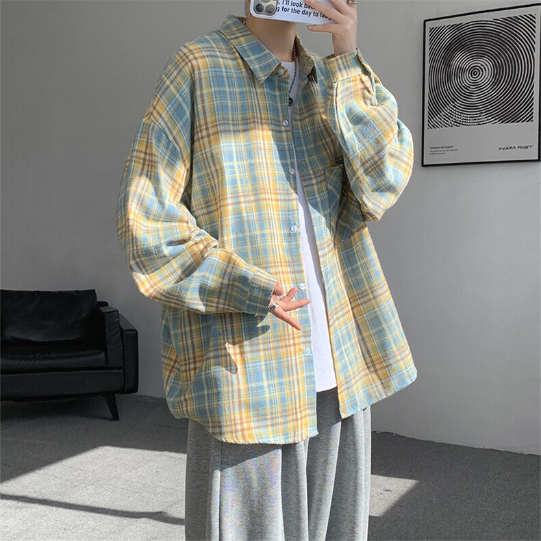 衬衫男春季新款港风宽松磨毛格子长袖衬衣CS601-特P27无差价,男装衬衫,星座214-3