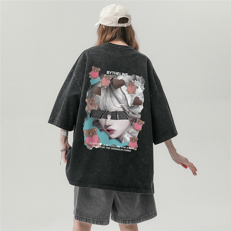 ！中性 100棉 美式高街油画风水洗重磅短袖T恤T61008 P45控58图片