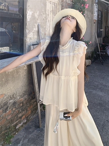 超仙时尚雪纺无袖木耳边套装女2026夏新款半透减龄阔腿裙裤两件套图片