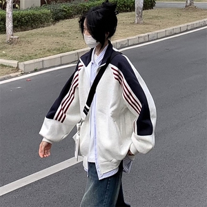 抖音得物高品质26春装美式高街重磅织带拼接撞色立领卫衣外套CM41图片