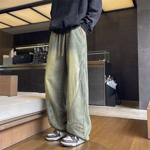 潮牌美式做旧水洗抽绳松紧牛仔裤男宽松潮流百搭阔腿长裤NZH1044