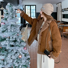 小个子羊羔毛外套女冬新款韩系爆款今年流行加绒加厚短款皮毛一体，女装羊羔毛/颗粒绒，乐吉娜