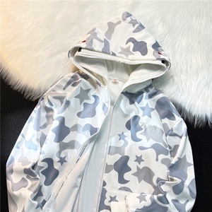 美式高街双帽迷彩鲨鱼拉链卫衣外套女春秋款hiphop潮牌情侣款卫衣图片