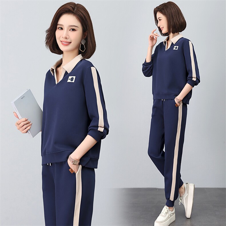 时尚休闲翻领绣花撞色套装显瘦百搭长袖运动服两件套,女装套装/套裙,依恋蒂丝