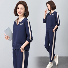 时尚休闲翻领绣花撞色套装显瘦百搭长袖运动服两件套，女装套装/套裙，依恋蒂丝