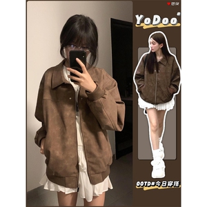 J9762-P57美式复古新款仿麂皮绒翻领开衫夹克外套图片