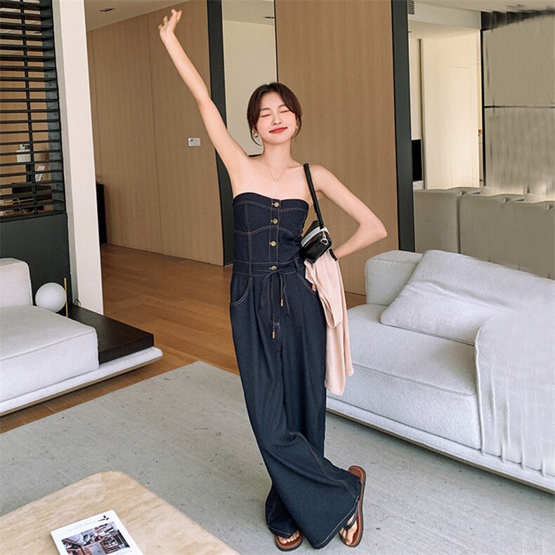 盐甜系牛仔吊带连体裤女夏新款设计感休闲气质显瘦轻薄阔腿裤长裤,女装休闲裤,2D078