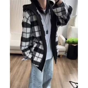 复古小香风黑白毛呢格子外套男女秋冬新款情侣连帽夹克 C7735图片