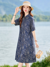 现货2025年夏季文艺复古印花妈妈休闲连衣裙，女装连衣裙，依恋蒂丝