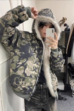 迷彩bomber夹克棉服男生冬季美式复古毛领连帽座山雕加厚外套棉衣，男装棉衣，星座908-1
