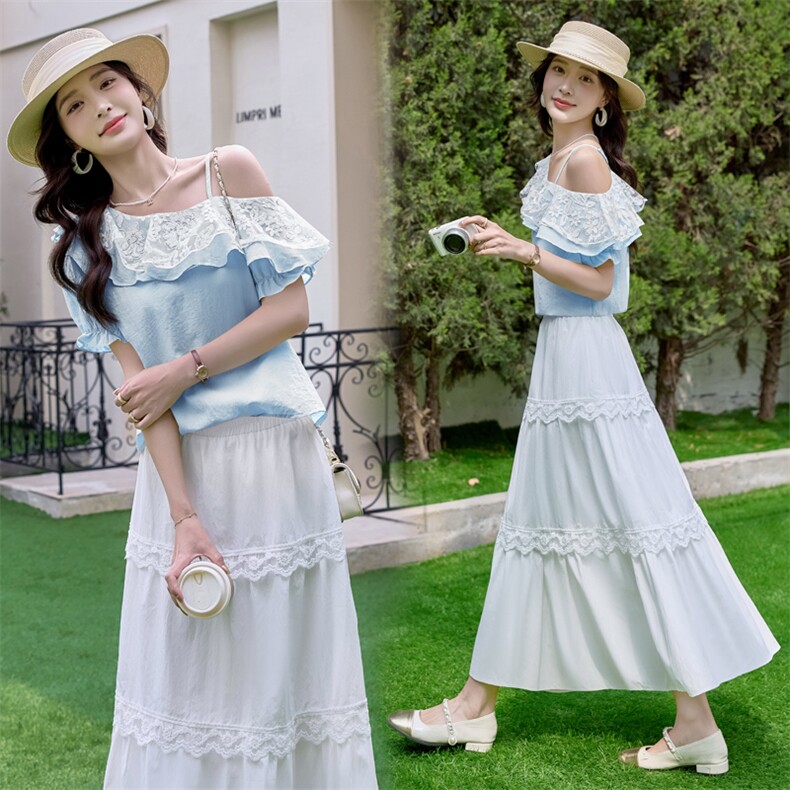 现货主推新款重工艺百搭休闲夏季设计精美拼接天丝麻套裙两件套，女装套装/套裙，韩美纤衣