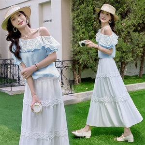 现货主推新款重工艺百搭休闲夏季设计精美拼接天丝麻套裙两件套,女装套装/套裙,韩美纤衣