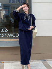 藏青色复古休闲卫衣裙女夏2025新款韩版短袖T恤及踝半身裙两件套，女装套装/套裙，姿衣轩