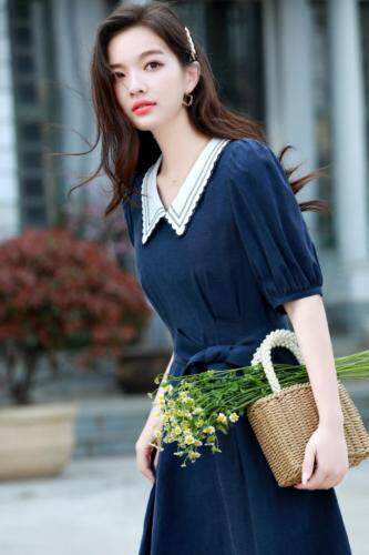 【夏季新款】超减龄的韩系甜美风连衣裙，撞色的花边娃娃领搭配，女装连衣裙，杰菲娜