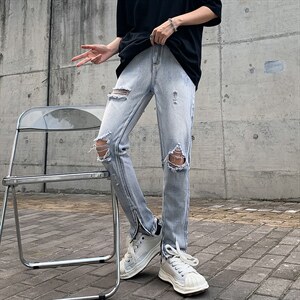 牛仔裤男夏季潮大码休闲裤子高街设计感裤子N745P46图片