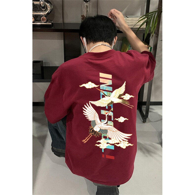 已做版权 新中式潮短袖风宽松仙鹤复古t恤男 T55-P28图片
