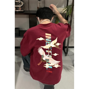 已做版权 新中式潮短袖风宽松仙鹤复古t恤男 T55-P28图片