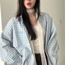2025新款长袖蓝色格子衬衫薄款韩版宽松防晒衬衣休闲上衣外套，男装防晒衣，星座1210-1