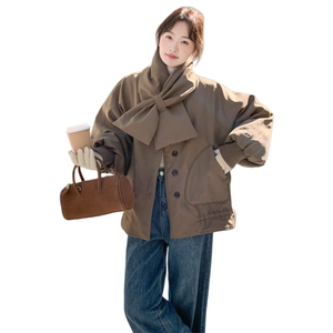 韩系拼接撞色格子围巾短款羽绒服女2025冬立领宽松小个子减龄外套图片