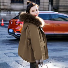 棉衣/棉服2021新款冬兔毛中长款拼接翻袖工装带帽派克服女外套，女装派克服，瑶迪依秀