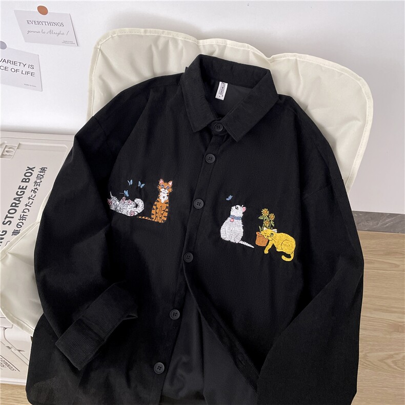 春秋季新款绣花衬衫复古卡通猫咪男女长袖衬衣外套CS0232-P40,男装衬衫,星座308B-2