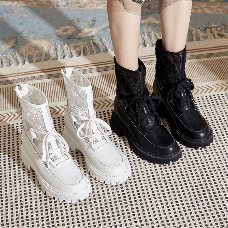 春夏新款蕾丝网面马丁靴女短靴厚底内增高休闲后拉链女学生鞋子，女鞋马丁靴，电商A223
