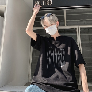 新款美式抖音直播得物痞帅肌理感V领短袖T7525P25控39图片