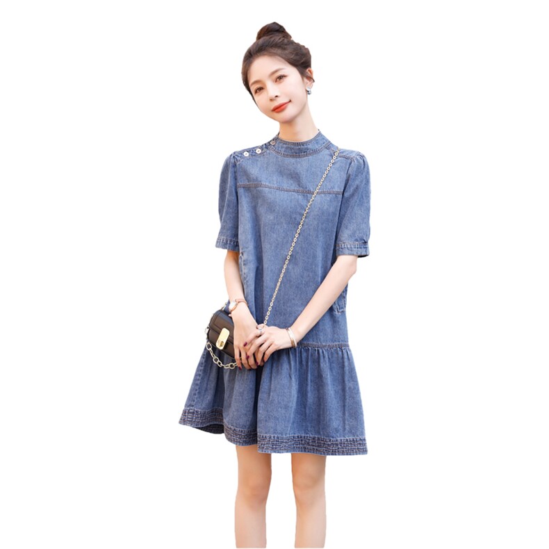 时尚牛仔连衣裙女夏季新款显瘦气质短袖A字裙,女装连衣裙,秋水欣儿