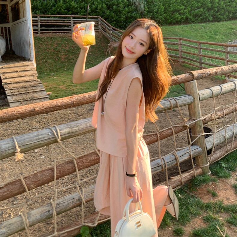粉色无袖圆领上衣套装夏女2025新款法式茶歇气质宽松阔腿裤两件套,女装套装/套裙,2D034