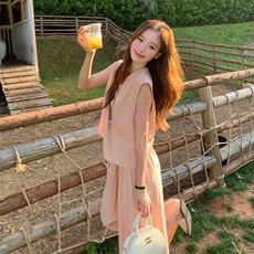 粉色无袖圆领上衣套装夏女2025新款法式茶歇气质宽松阔腿裤两件套，女装套装/套裙，2D034