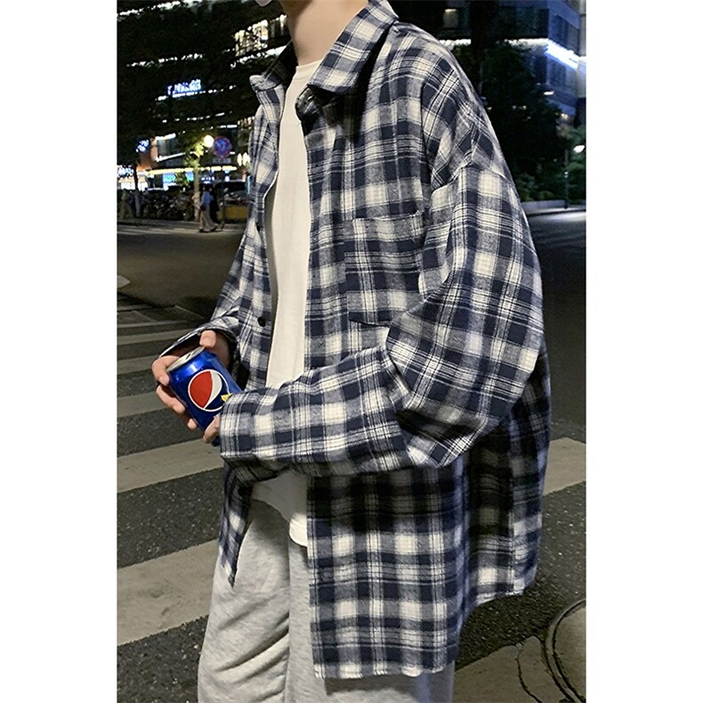 港风复古工装格子衬衫男秋冬季长袖潮宽松百搭衬衣休闲H216/P45,男装衬衫,电商A221A