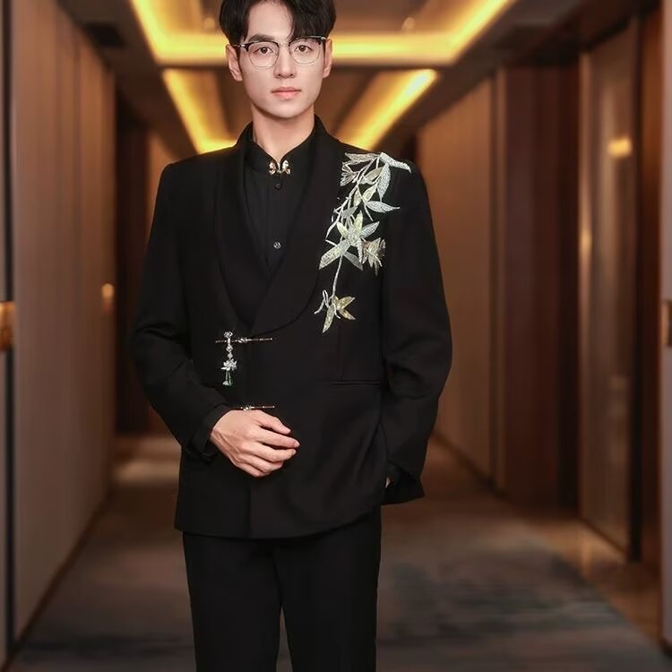 新中式风改良中山装春秋2025垫肩西装外套翠竹刺绣衬衣衬衫,男装西服套装,星座601-1