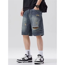破洞牛仔裤男宽松大码美式休闲潮牌复古水洗中裤五分裤HA111P38，男装牛仔裤，星座1112-1