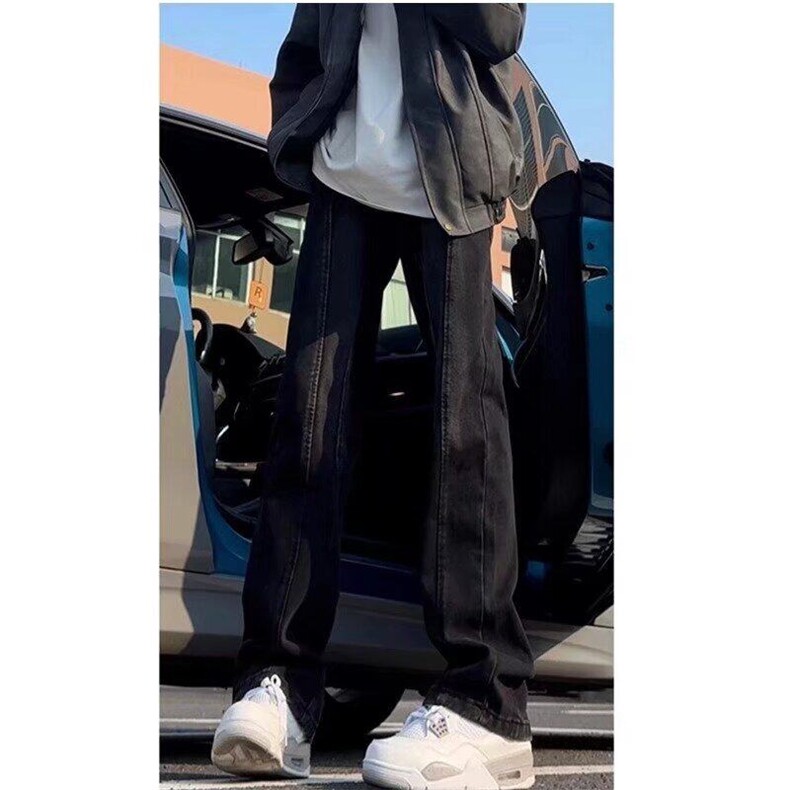 黑色拼接弯刀牛仔裤男春季美式复古微喇裤子青少年修身直筒裤,男装牛仔裤,星座218-1（原230）