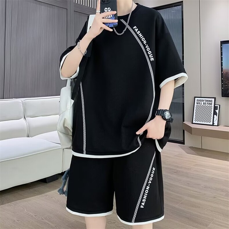 凉感短袖套装男夏季五分袖t恤青少年宽松休闲运动一整套衣服ins,男装T恤,星座1210-1