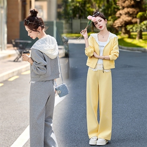 蕾丝连帽休闲运动套装女春秋2024新款小个子穿搭卫衣阔腿裤两件套图片