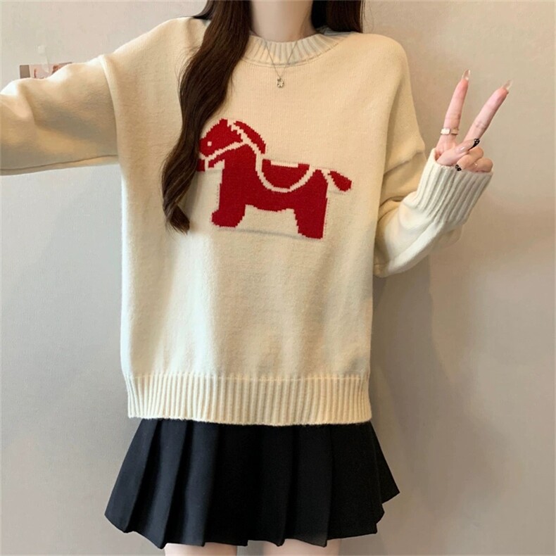 2026年秋季时尚百搭休闲小马提花圆领套头，女装羊毛衫，新胜羊绒