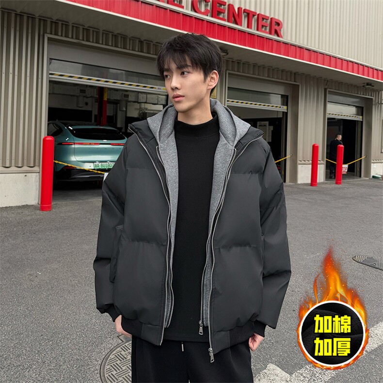现货高品质重磅工艺美式高街假两件PU皮棉衣男女加厚棉服外套,男装棉衣,电商A443