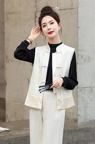 现货新款春秋装复古绣花连衣裙女装礼服气质新中式马甲图片