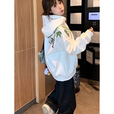 美式高街刺绣花卉连帽卫衣男女宽松外套WFM7155-P49，女装短外套，星座208-5