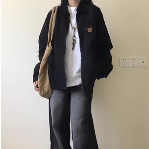 美式复古底特律夹克男女2025新款春秋季黑色情侣工装翻领开衫外套图片
