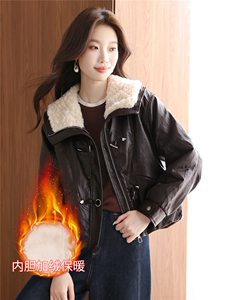 现货！现货！加绒加厚皮衣女2025冬季新款羊羔毛翻领棉衣棉服图片