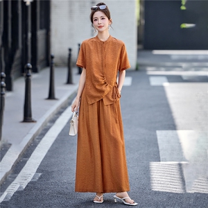 凤玖新中式套装女2026年夏新款大码上衣莱赛尔衬衫阔腿裤两件套，女装套装/套裙，凤玖服饰
