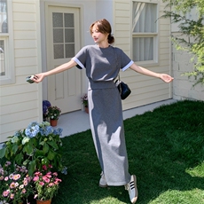 灰色简约休闲套装裙女2025夏季新款设计感短袖T恤半身裙两件套潮，女装套装/套裙，2C095