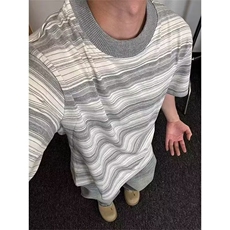 美式灰白撞色条纹短袖男款夏季cleanfit潮牌正肩T恤螺纹领口半袖，男装T恤，星座506A