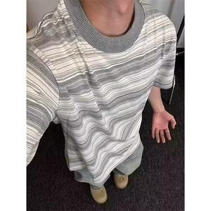 美式灰白撞色条纹短袖男款夏季cleanfit潮牌正肩T恤螺纹领口半袖图片