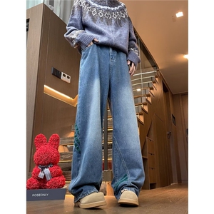 高街牛仔裤男女士韩版潮流拼接三条杠帅气2025春季长裤RK2406-P46图片
