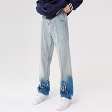 潮牌小众设计感毛边拼接渐变牛仔裤男款秋季hiphop高街直筒阔腿裤，男装牛仔裤，星座1013